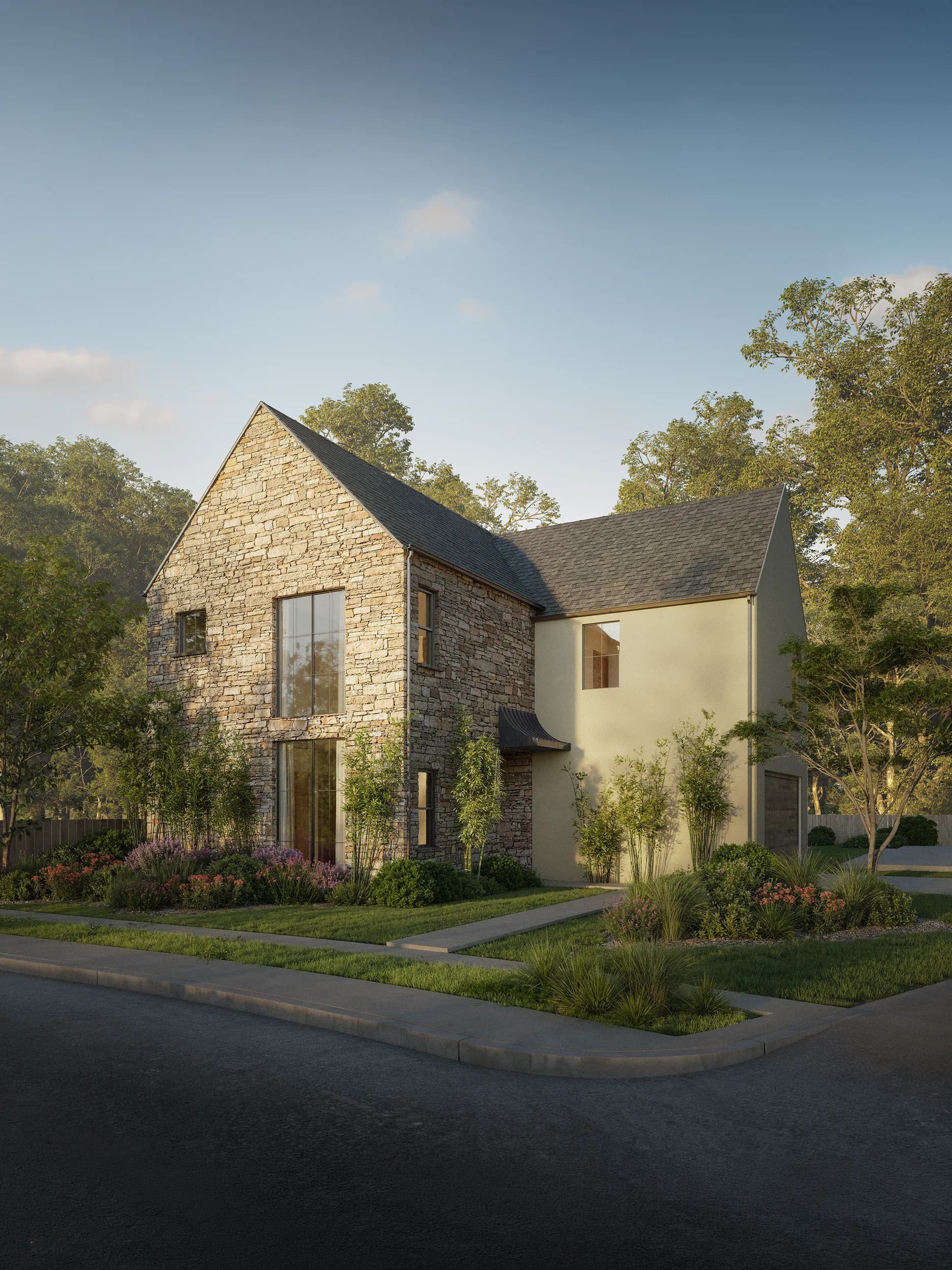 Emerald Forest streetscape with stone homes and lush planting.