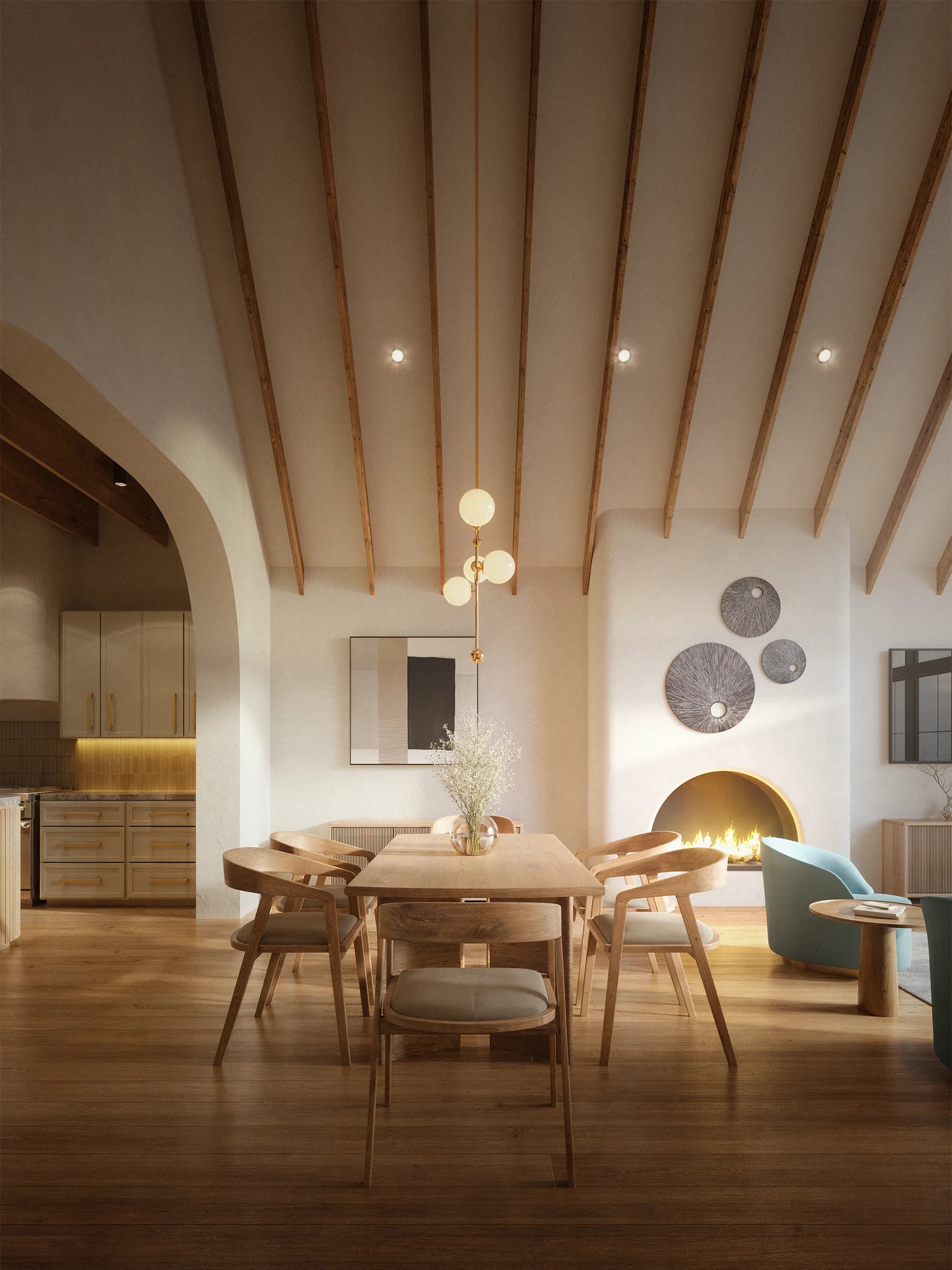 Emerald Forest Unit 1 vaulted lounge with exposed rafters.