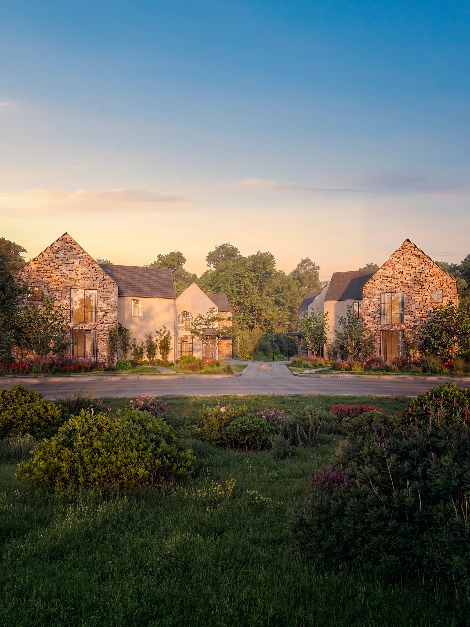 Emerald Forest cul-de-sac arrival with multiple homes and landscaping.
