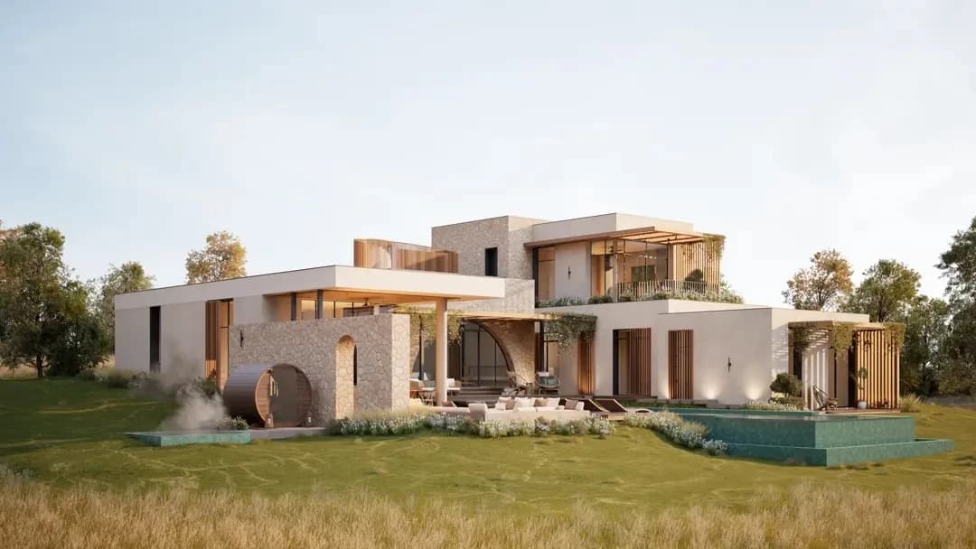 Sanctuary villa with pool, warm stone, and Hill Country landscape.