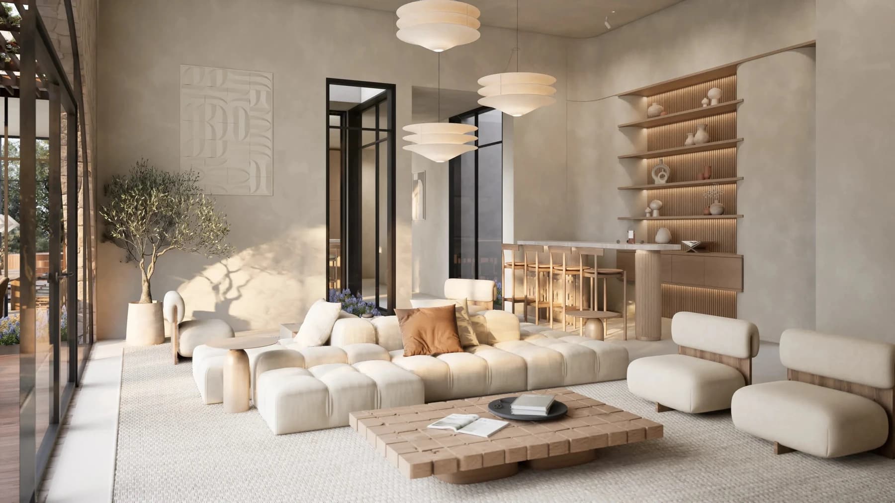Sanctuary living room in warm plaster with sculptural cream seating.