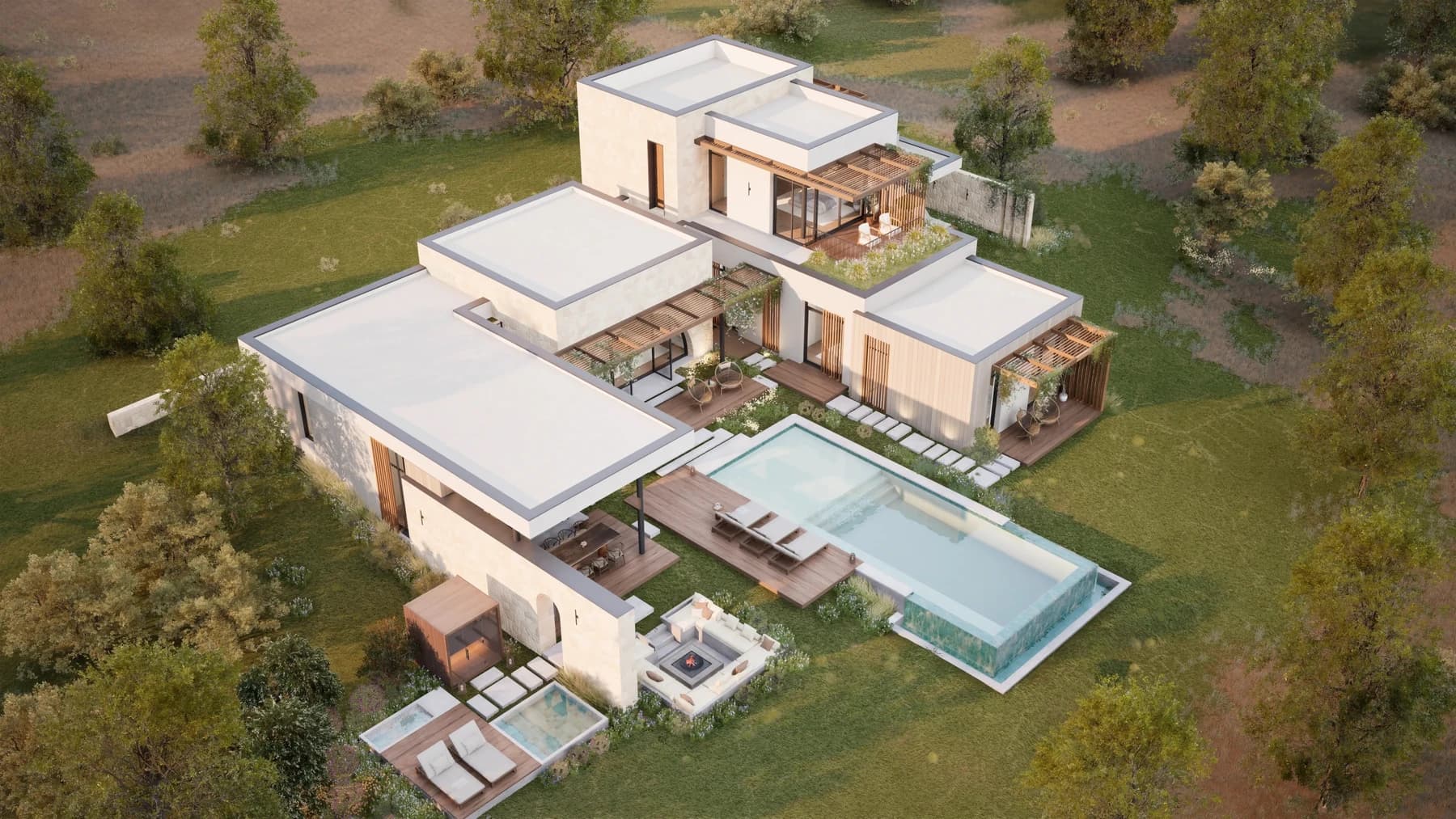 Aerial rendering of Sanctuary villas with pools and private outdoor living.