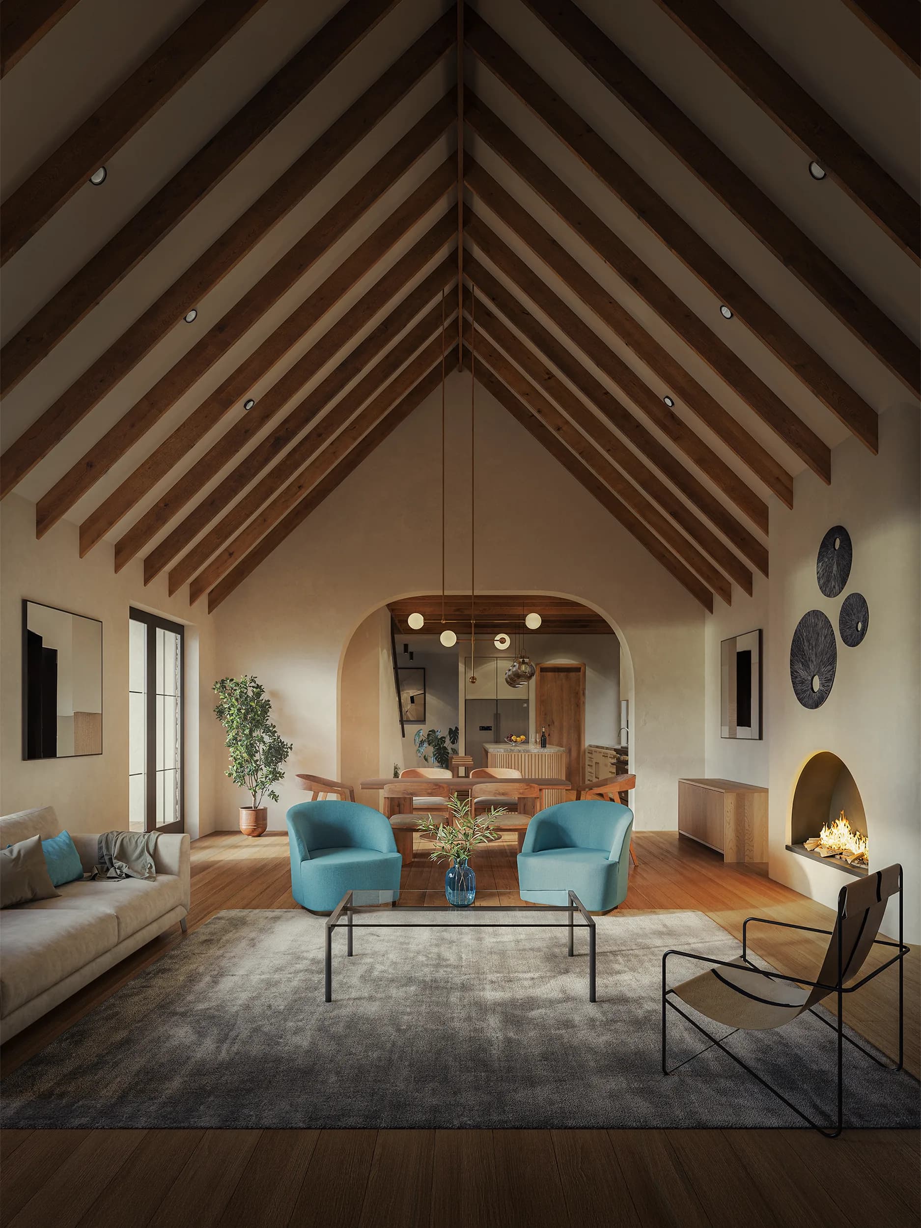 Emerald Forest living room with vaulted beams, fireplace, and arched glass.