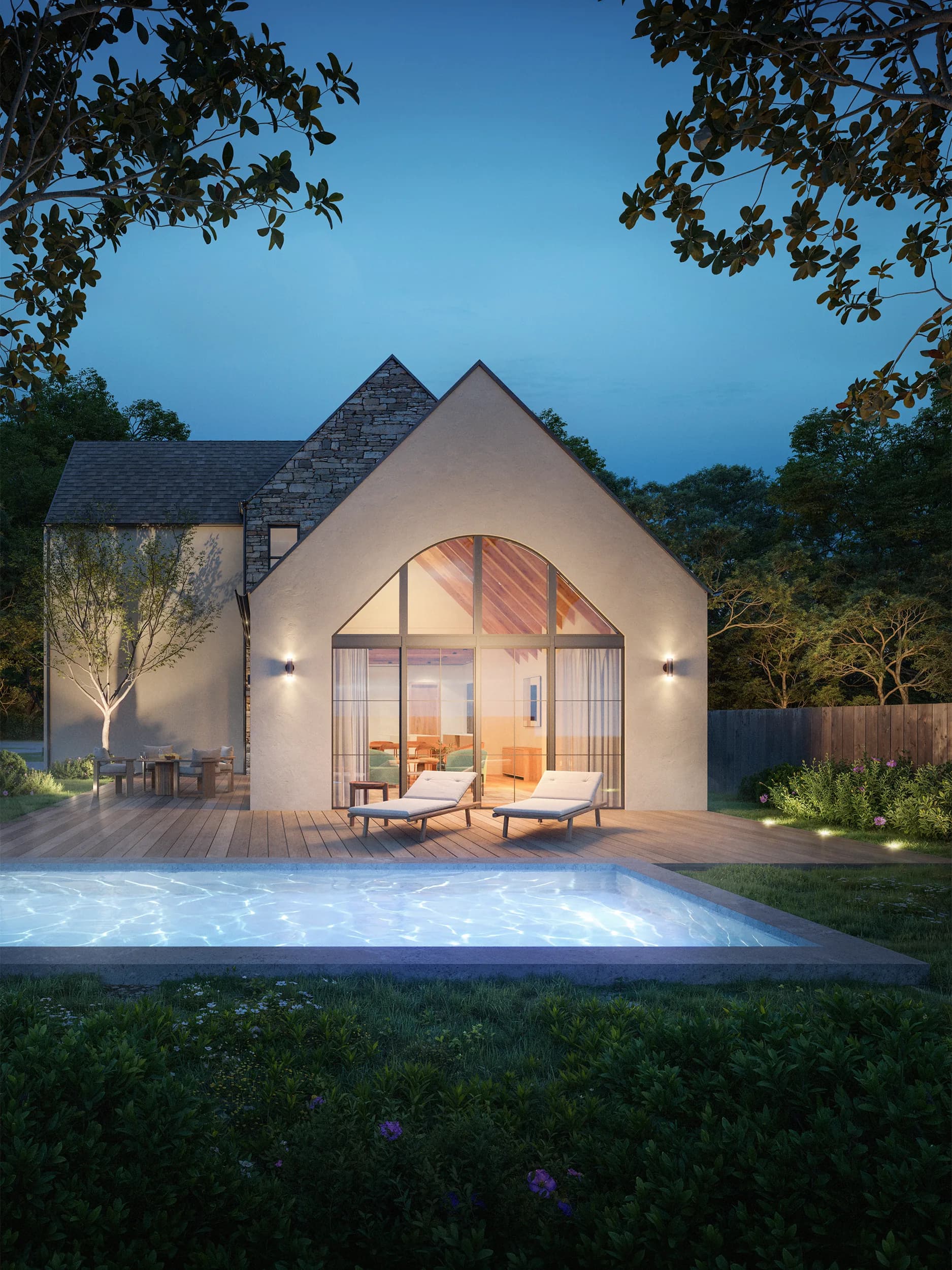 Emerald Forest residence with a private pool, spa, and gabled glass facade.