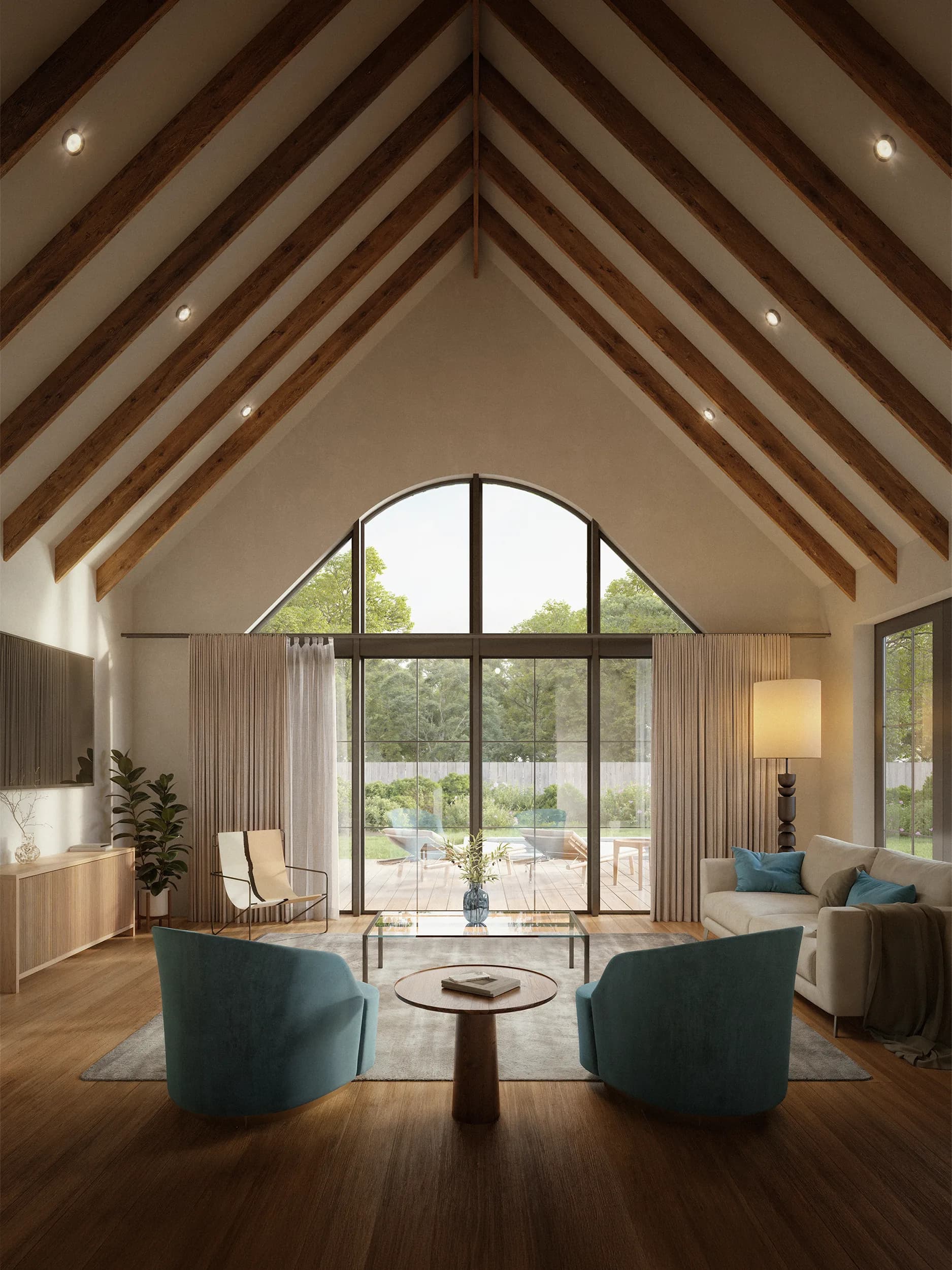 Emerald Forest vaulted great room with exposed beams and arched walls of glass.