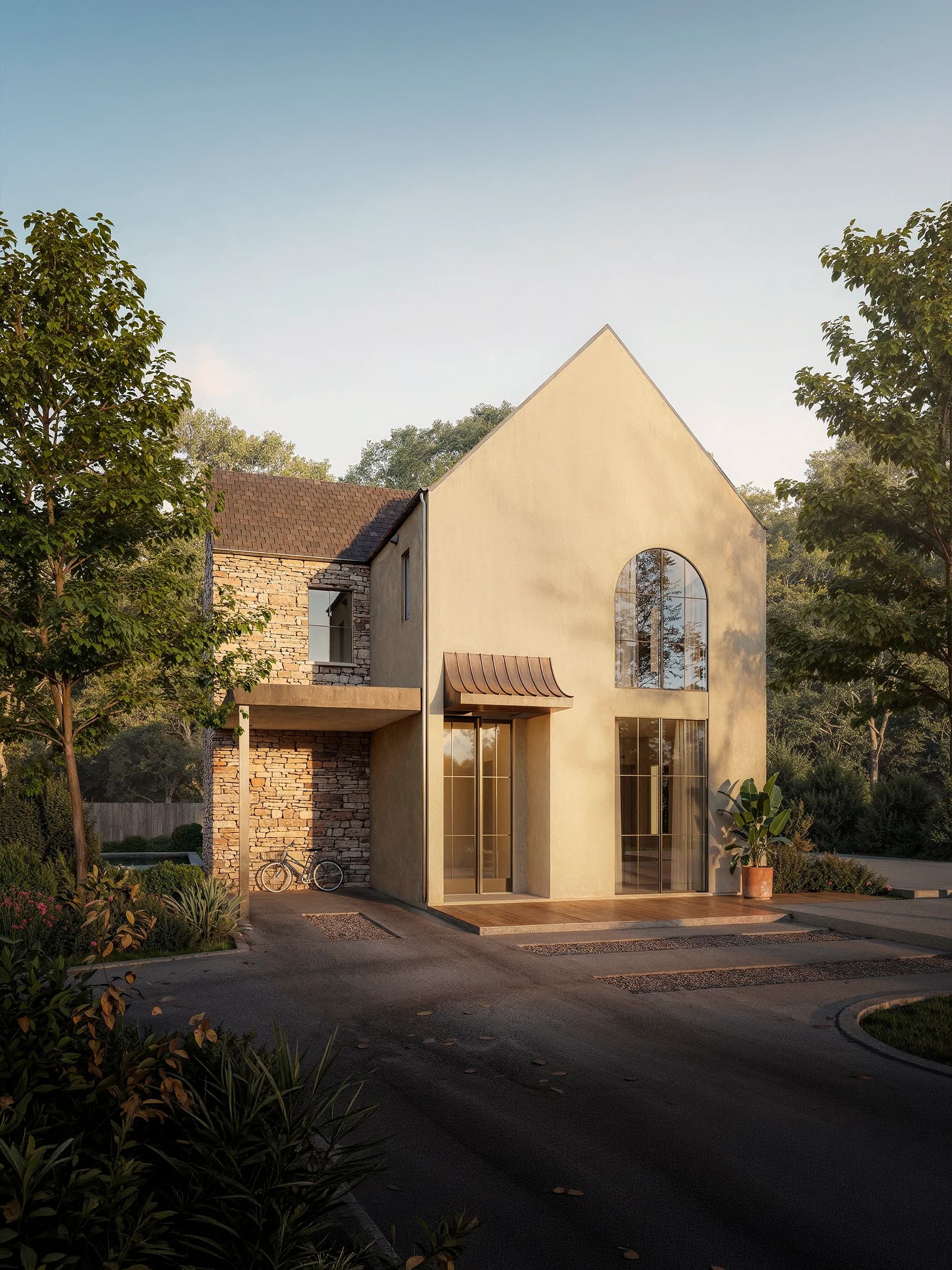 Emerald Forest smaller floor plan with stone entry and landscaped arrival.